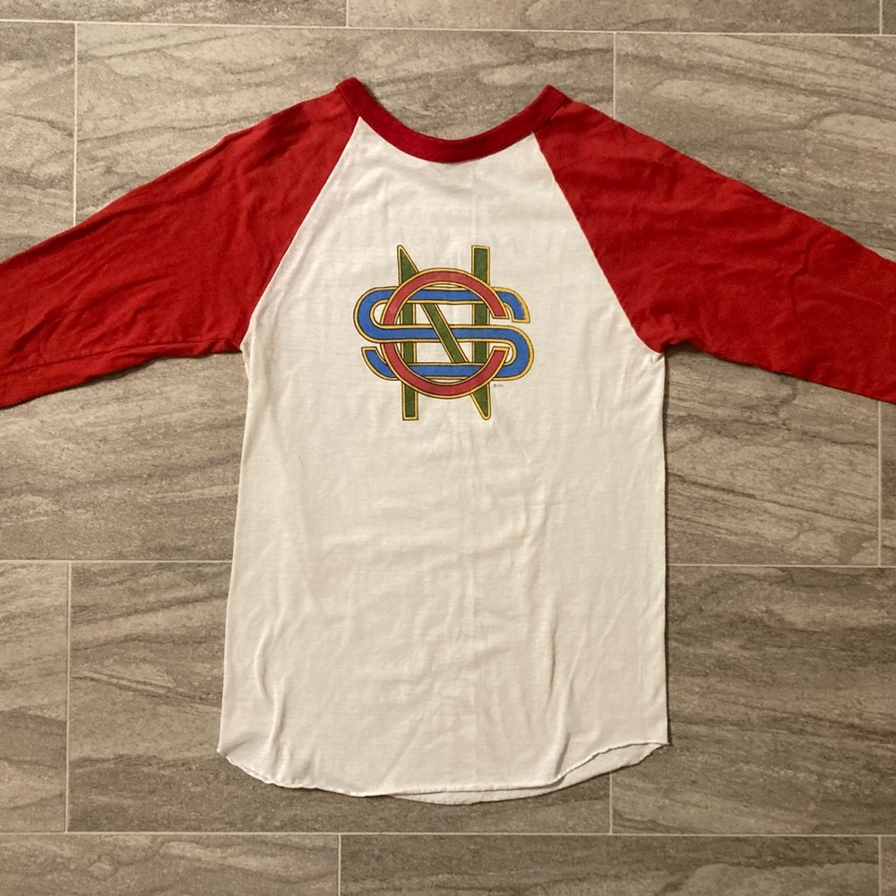 Rare 1970s Crosby Stills Nash Concert Music Tour Raglan T Shirt Red 3/4 Sleeve S
